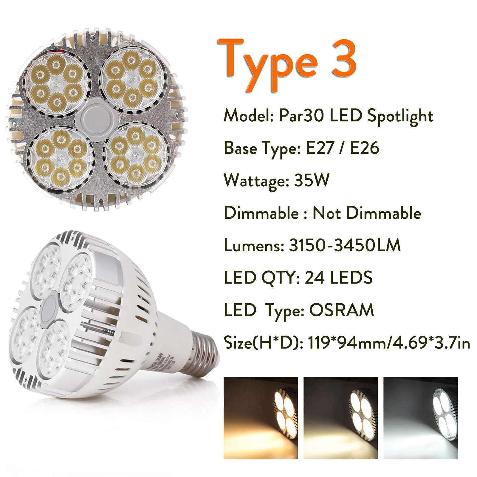 PAR30 E26 E27 LED Spotlight 35W 45W Bulbs Cool Warm White OSRAM Lamp 24Leds 30Leds Spot Light Bulb AC 220V Lighting Ultra Bright