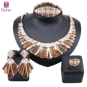 

Nigerian Wedding Crystal Jewelry Set Bridal Dubai Gold Color African Beads Necklace Bracelet Earring Ring Jewelry Set
