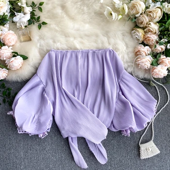 

Chic Women Summer Slash Neck Puffy Sleeve Lace Decorated Top Cross Ribbons Fashion Blouse Top