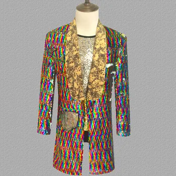 

Long Sequins Blazers Jacket Men Glitter Magician Sequin Men's Dress Suit Costume Stage Party Singer Wedding Groom Tuxedos Coat