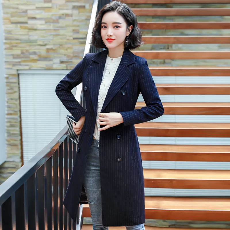 

2019 Autumn And Winter New Style Commuting-Style Stripes Double Breasted Suit Mid-length Loose-Fit Coat Elegant Casual Formal We