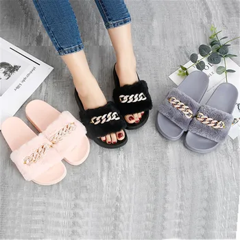 

Maggie's Walker New Metal Chain Spring Slippers Fashion Womens Shoes Indoor Warm Slipper Festival Gift Zapatos De Mujer