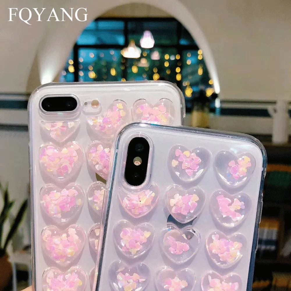 FQYANG 3D Love Heart чехол для телефона для iPhone X XS Max XR Блестящий мультфильм чехол s для iPhone 7 8 6 6S Plus Симпатичные, из мягкого ТПУ задняя крышка