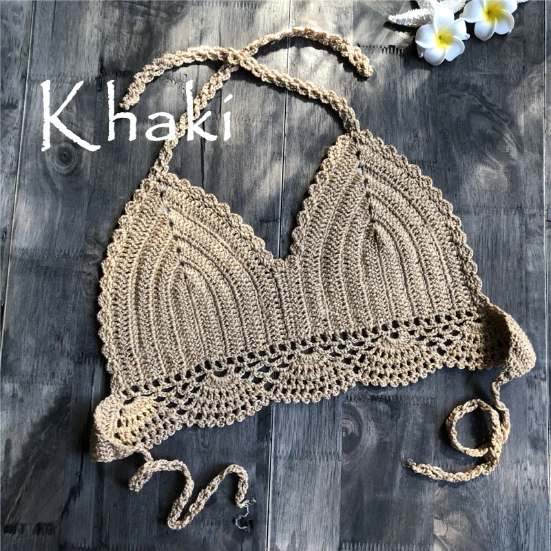 Solid Crochet Bikini Top Women Boho Beachwear Bralette Halter Bikinis Knitted Bra Swimming Bathing Suit Mujer One-Piece Swimwear
