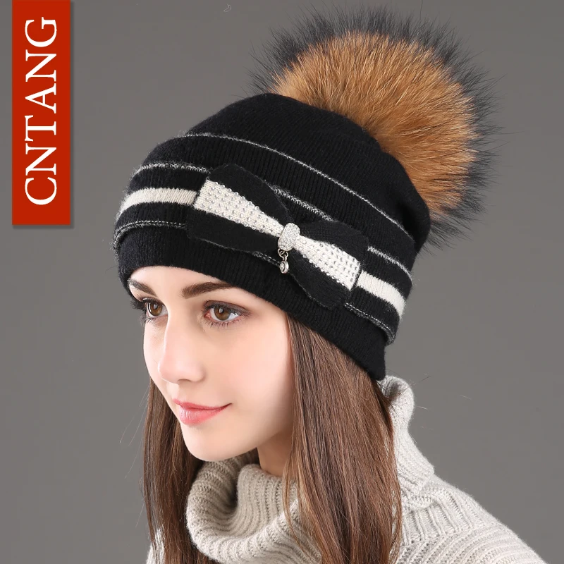Classic Multiple Styles Women Beanie Winter Warm Fashion Raccoon Fur Pompom Hats Knitted Wool Cap Clearance Cheap High Quality 3