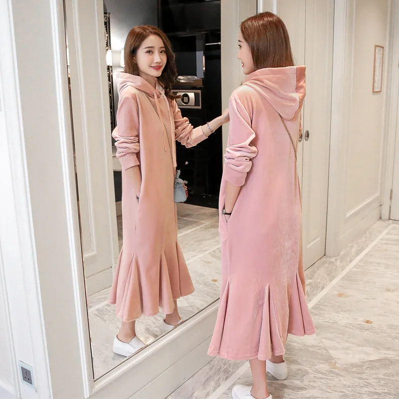 

Photo Shoot Autumn And Winter Maternity Clothes Korean-style Hoodie Large Size Gold Velvet Solid Color Long Dress-Style Fashion