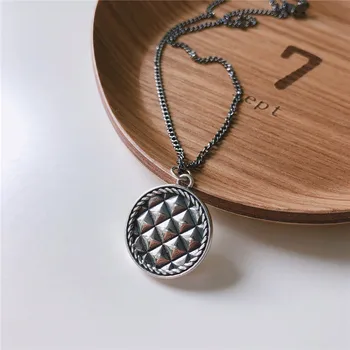 

RUIYI Real 925 Sterling Silver Women Retro Distressed Necklace European and American Minimalist Make Old Grid Pendant Necklace