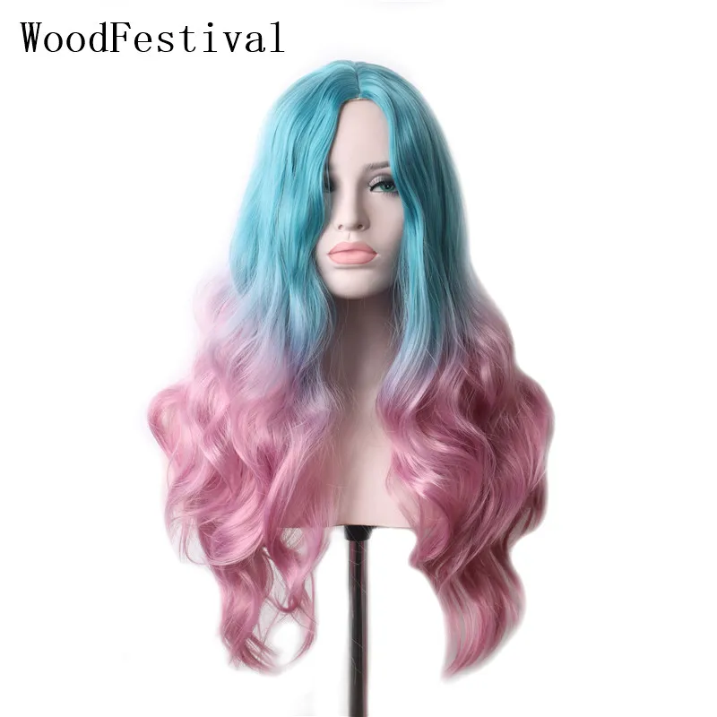 

WoodFestival Multi color Synthetic Ombre Wig Long Wavy Pink Blue Purple Green Heat Resistant Cosplay Wigs for Women