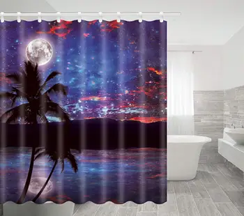 

Shower Curtain Night Starry Sky Bright Moon Reflected in Calm Lake Dark Mountain Palm Tree Bathroom Decoration Waterproof