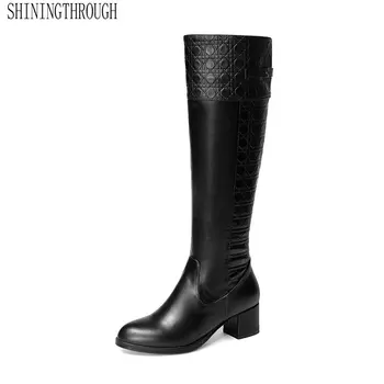 

2020 Genuine Leather Knee High Women Boots Elegant Sweet Zipper Women Shoes Ladies Winter To Keep Warm Motorcycle Shoes