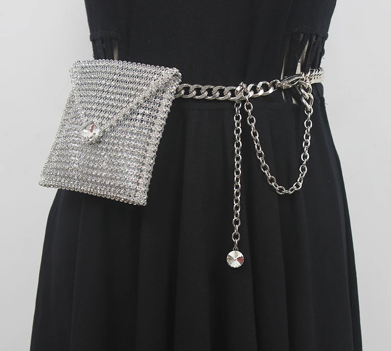 

Women's Runway Fashion Diamonds Bag Metal Chain Cummerbunds Female Dress Corsets Waistband Belts Decoration Narrow Belt R1992