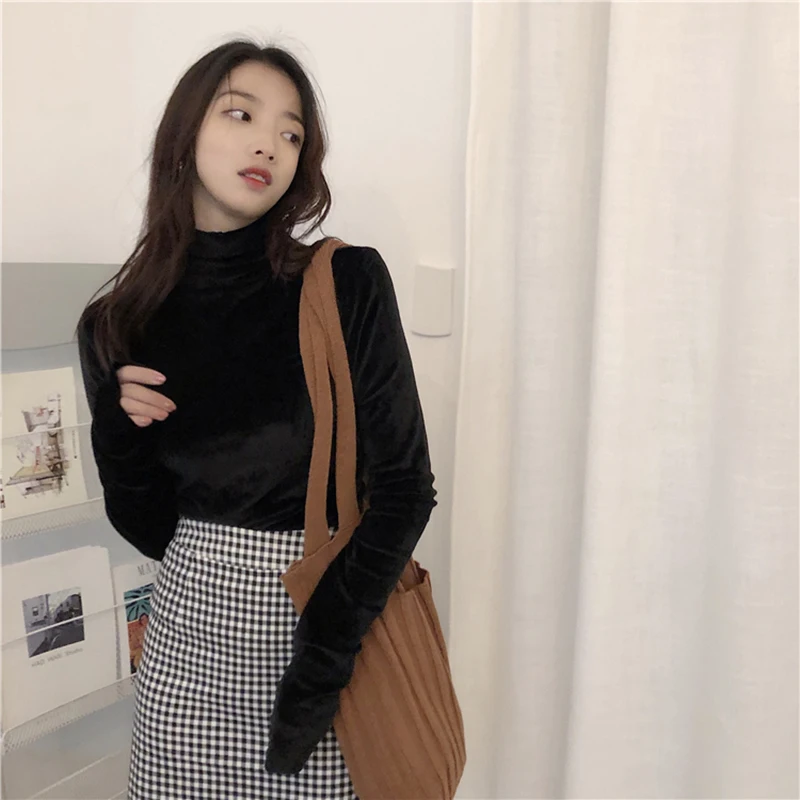 Осенне-зимние корейские шикарные флисовые футболки с высоким воротом, женская модная тонкая однотонная одежда с длинным рукавом, женские теплые базовые футболки