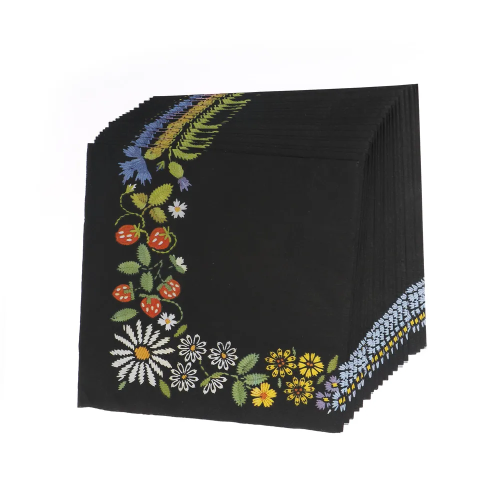 Бумажные свадебные салфетки черного цвета с вышивкой художественный платок