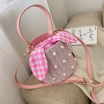 

Summer Round Rattan Handmade Bag Bohemian Leisure Straw Bag Bucket Knitting Shoulder Crossbody Beads Beach Bag Pink