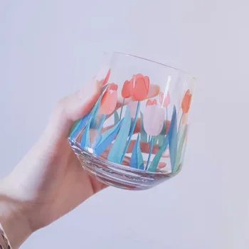 

Korean Retro Tulip Glass Water Glass Ice Latte Cup Coffee Cup Juice Cup Girl Coffee Shop