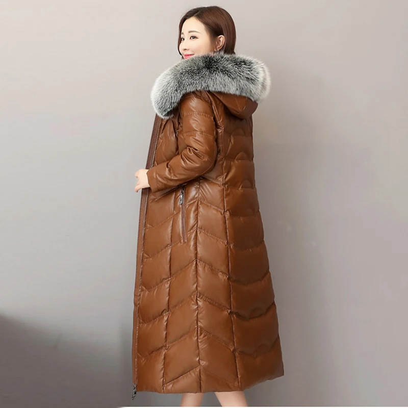 Высококачественная зимняя женская куртка-пуховик из овечьей кожи, пальто с капюшоном и большим лисьим меховым воротником, большие размеры, Утепленные длинные пальто