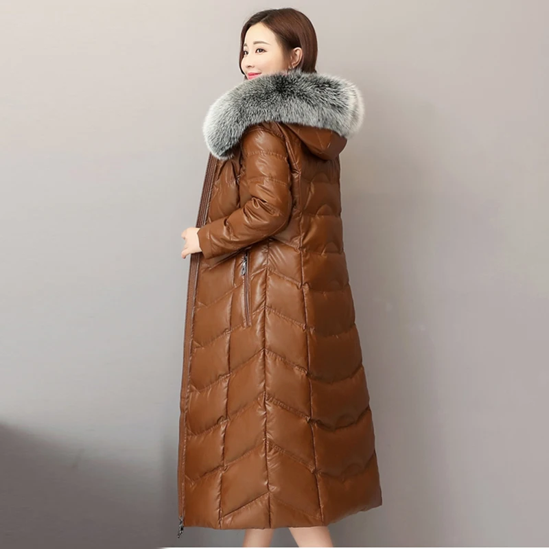 

High quality Winter Women Sheep Leather Down Jacket 2019 Big fox fur collar Hooded Coat Female Plus size Thicken Warm Long Coats