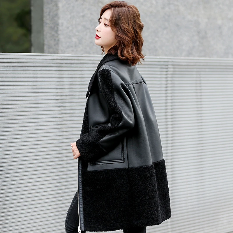 Winter Women Sheepskin Long Coats Thick Eco-leather Lambskin Wool Fur Big Pockets Jackets Splicing Black Motorcycle Outwear Hot