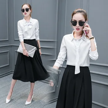 

Spring Fashion Long Sleeve Bowknot White Shirt Female Korean Style Blouse Office Lady OL Workwear Tops Plus Size Women Clothes