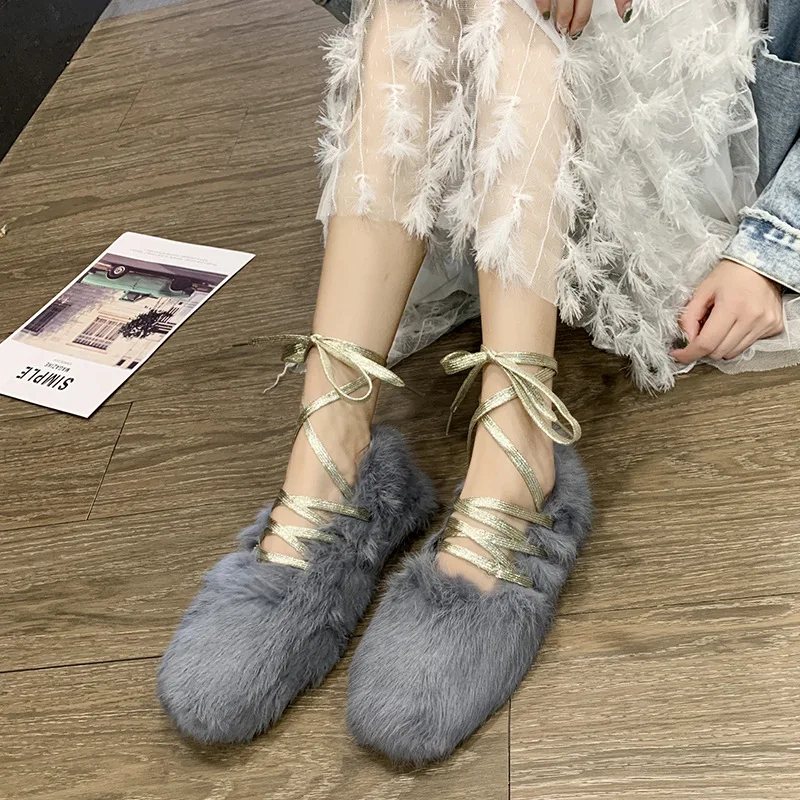 

Winter New Women's Shoes 2019 Fashion Wool Flat Bottom Plus Velvet Warm Belt Solid Color Warm Female Flats Lace Up Shoe