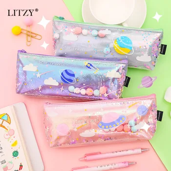 

Transparent Laser Planet Pencil Case for Girls Cute Quicksand Pencil Bag Kawaii Pen Pouch Gift Office School Supplies Stationery