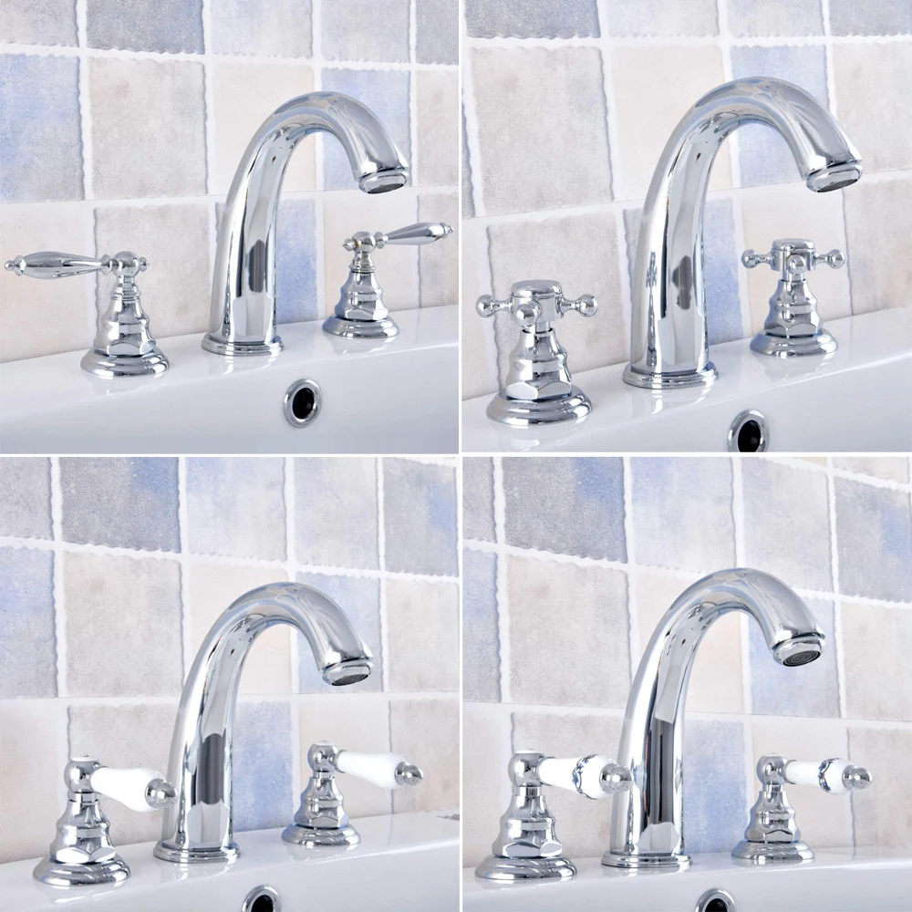 

Polished Chrome Widespread Bathroom Basin Faucet Dual Handle 3 Holes Basin Mixer Sink Taps Deck Mounted Nnf534