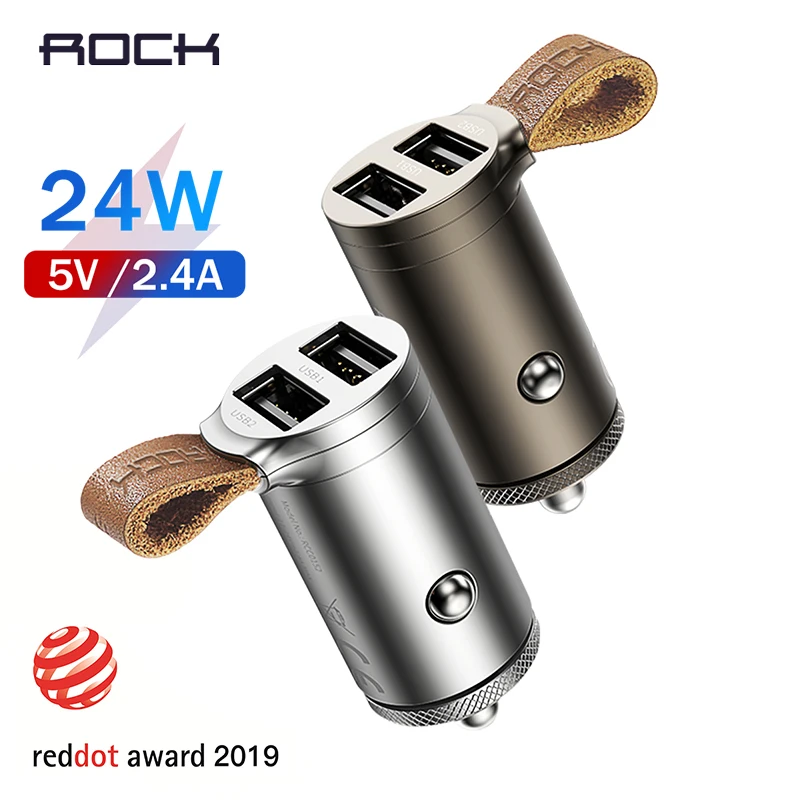 

ROCK Mini Car Charger 24W Fast Charging Metal Car-Charger with Leather Belt Dual USB Car Phone Charger Adapter for Mobile Phone