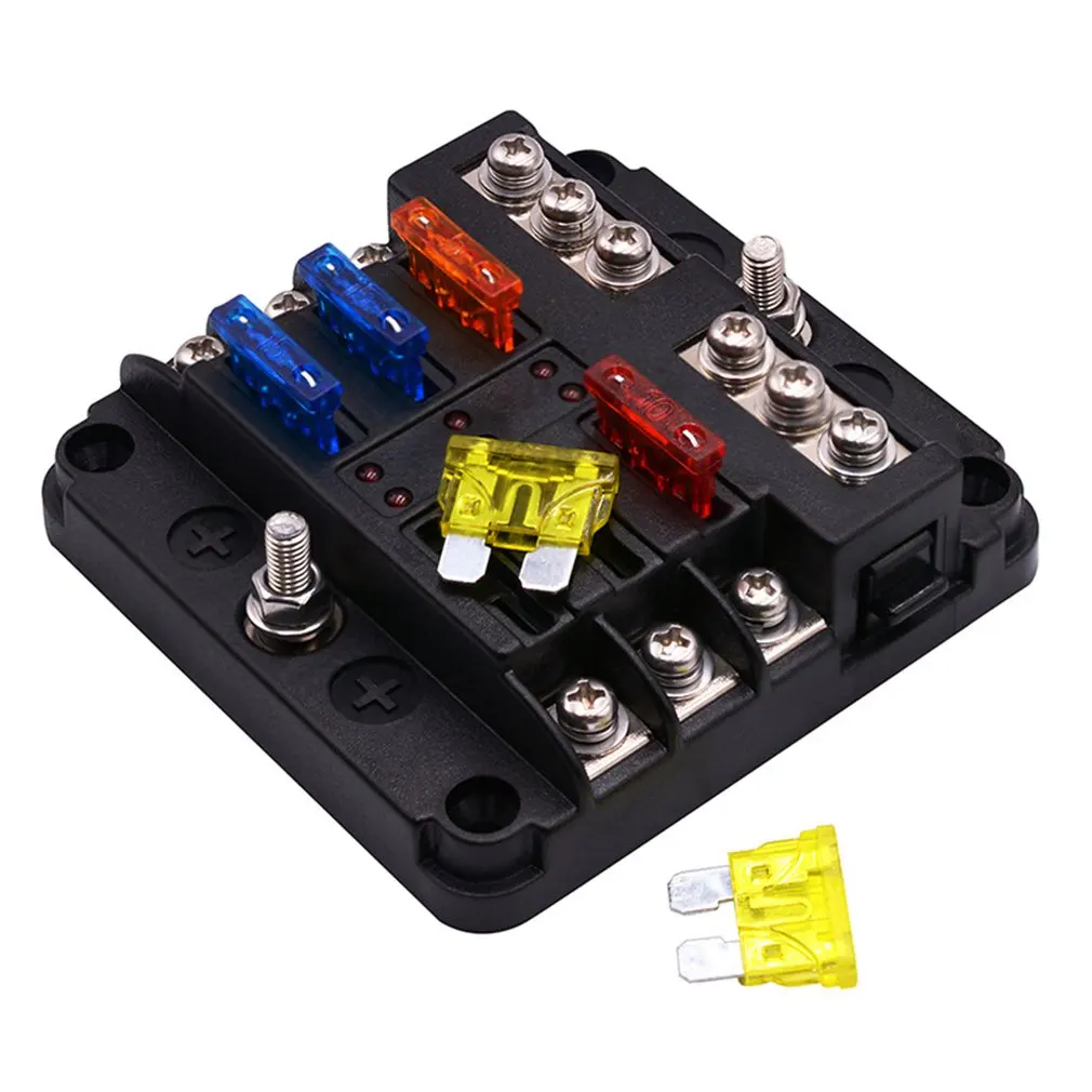 

32V Plastic Cover Fuse Box Holder 6 Ways Blade M5 Stud With LED Indicator Light for Auto Car Boat Marine Trike