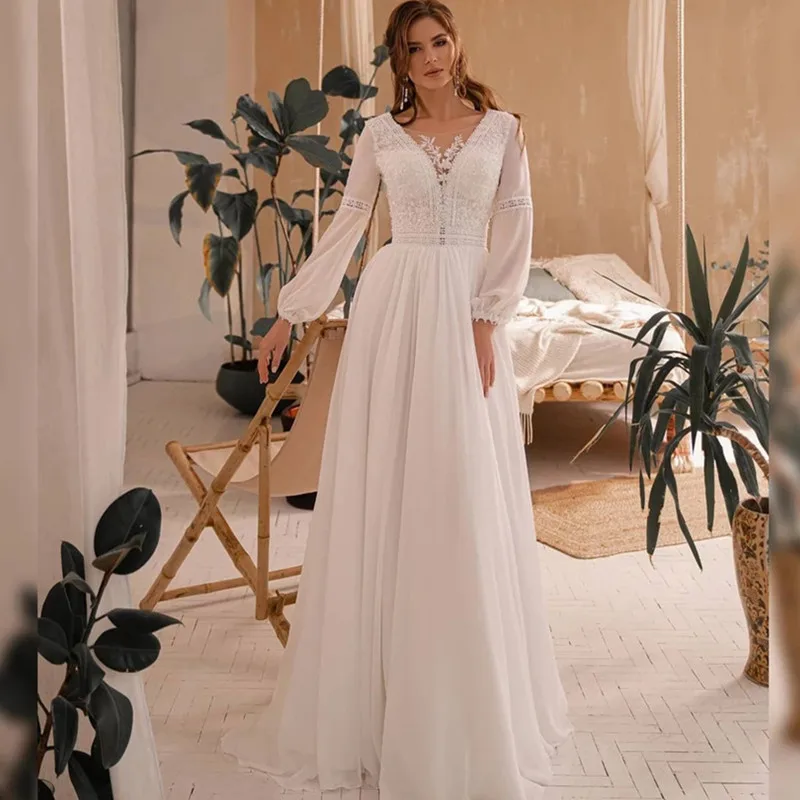 Boho Chiffon A-Line V-Neck Wedding Dress 2022Lace Appliques Bride Dress  Backless | eBay