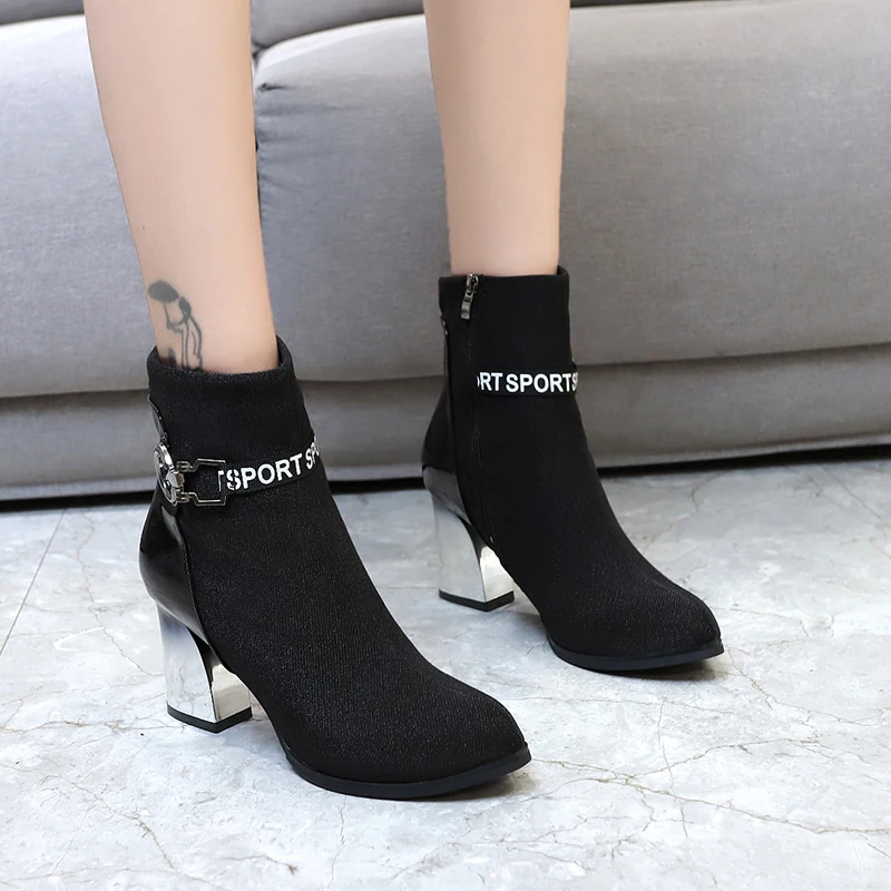 

Sock Boots Slim Stretch Ankle Boots for Women Pointed Toe Square High Heel Boots Shoes Woman Fashion Metal Buckle Boots Female