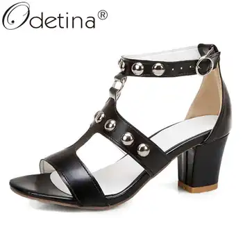 

Odetina Women Fashion Block Thick Mid Heel T-tied Party Sandals Ladies Retro Buckle Strap Peep Toe Rivet Non-slip Casual Sandals