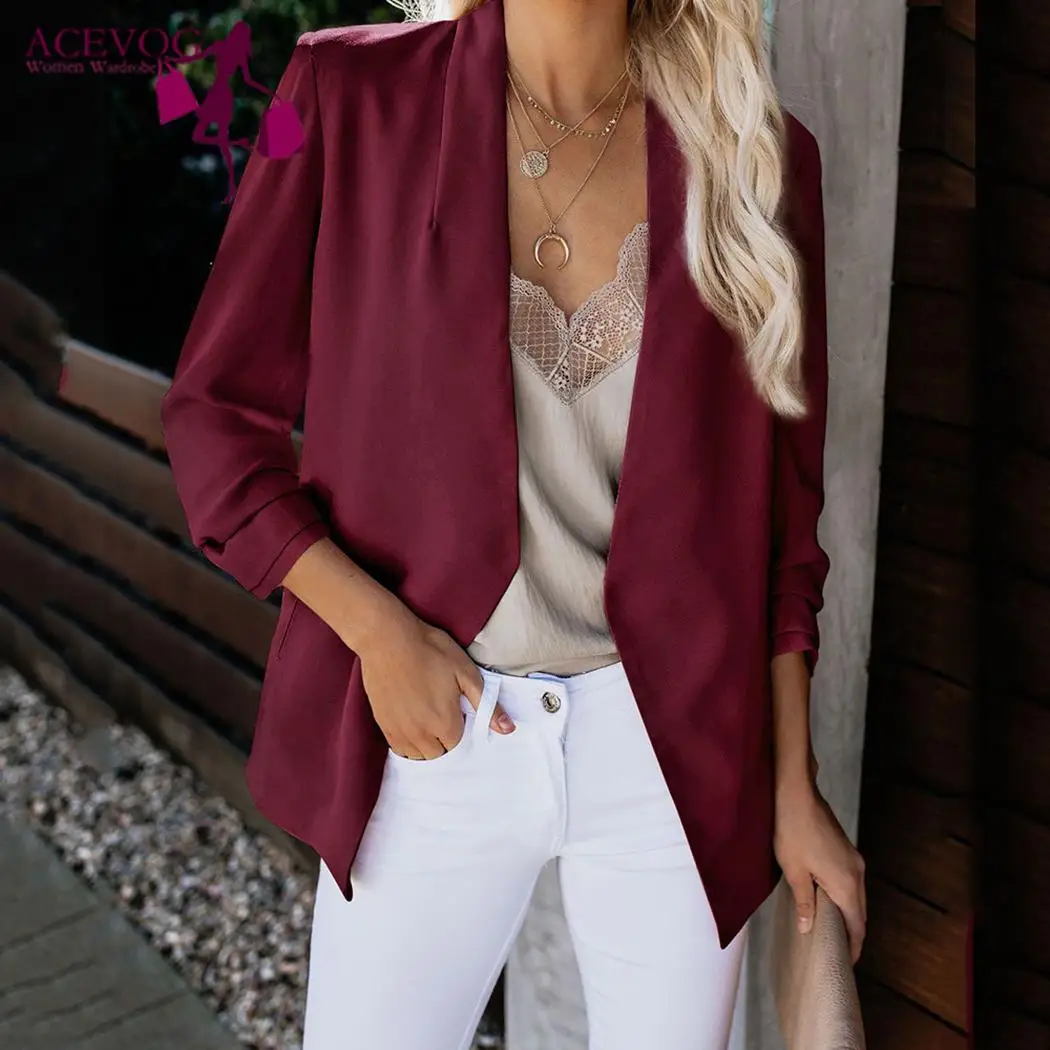 wine red Женский модный длинный рукав, однотонный обычный кардиган, повседневный весенний Блейзер, повседневный карман - Цвет: wine red