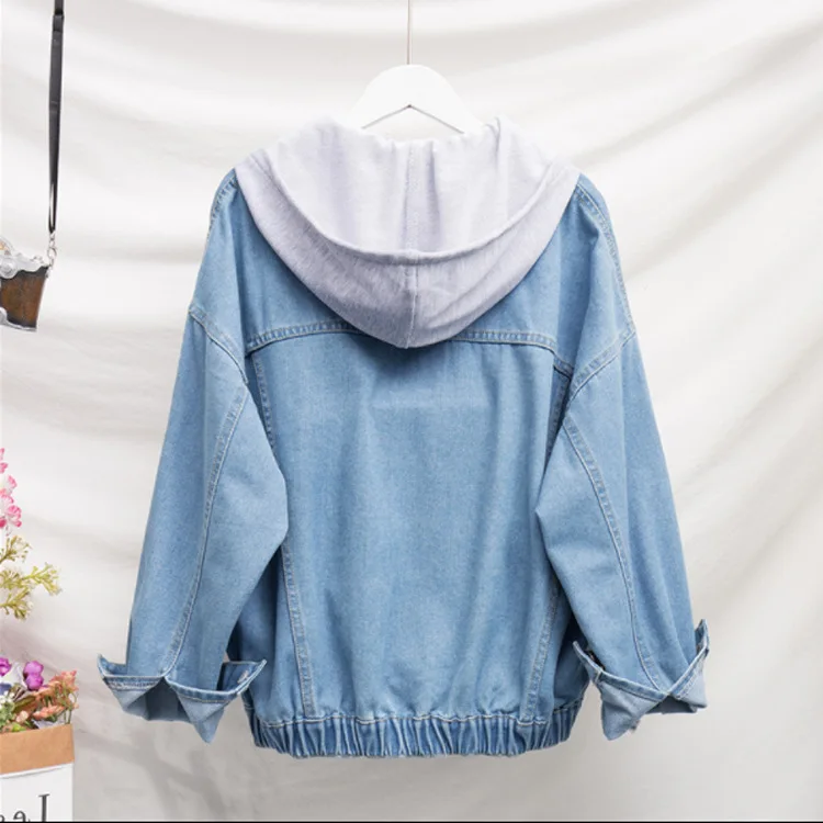 

2019 Large Size WOMEN'S Dress Cowboy Coat Spring New Style Fashion Fat Mm with Holes Hooded Long-sleeved Cardigan Jacket