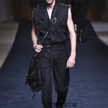 

New Trendy Runway Designer Fashion Jumpsuits Men One Piece Cotton Black Sleeveless Rompers Overalls Male Brand Clothes Plus Size