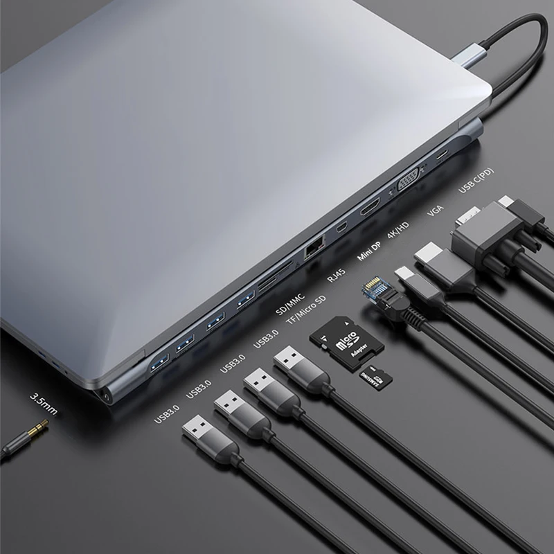 USB-C HUB Многофункциональный конвертер Type C на 4K HDMI MiniDP VGA SD TF кардридер RJ45 Ethernet USB3.0 3 5