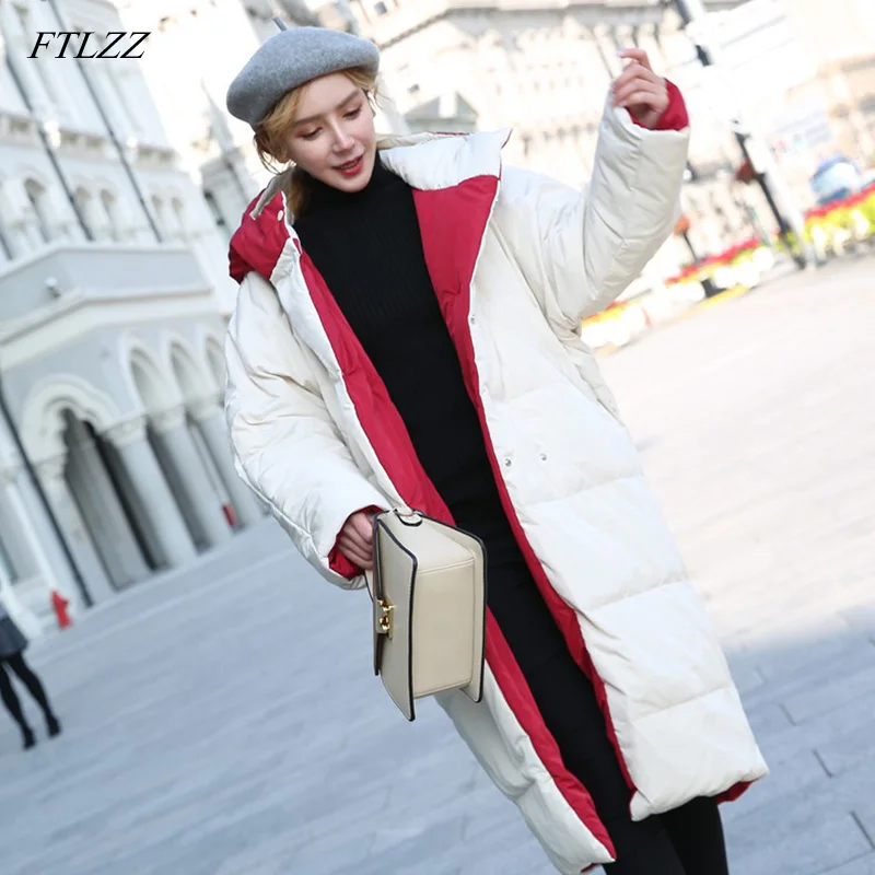 FTLZZ зимняя длинная куртка-пуховик Женская двусторонняя бежевая красная парка с капюшоном зимняя верхняя одежда пальто белое пуховое теплое пальто