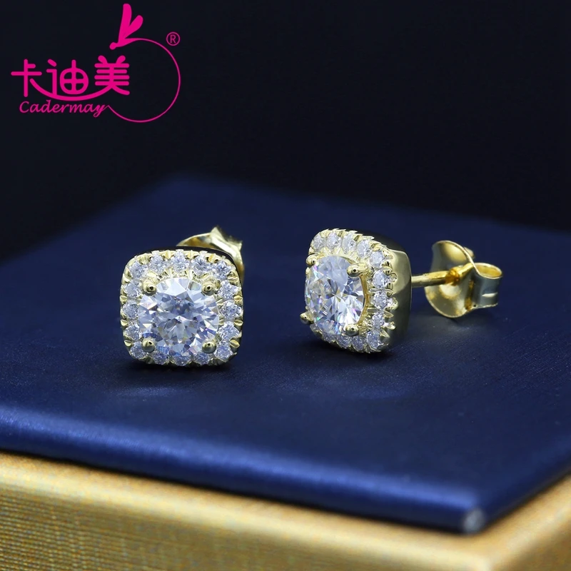

CADERMAY Pure Silver S925 Round Halo Moissanite Earrings 14K Gold Plated VVS Diamond Ear Studs for Women Girls Gifts