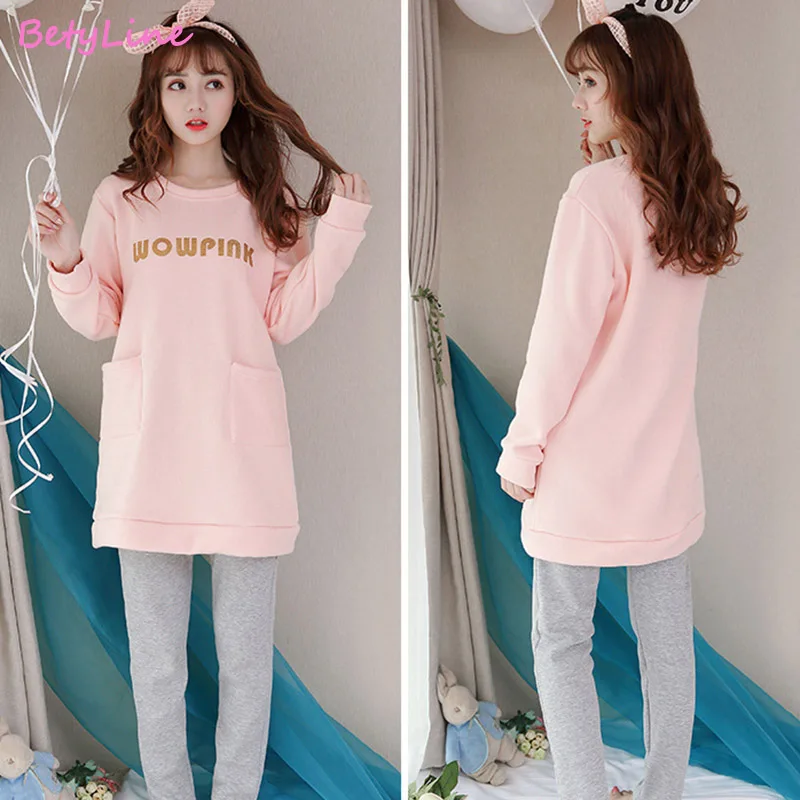 

Autumn and Winter Not Falling Down Ladies Korean Long-Sleeved Pajamas Thickening Plus Velvet Small Fresh Flannel Home Service