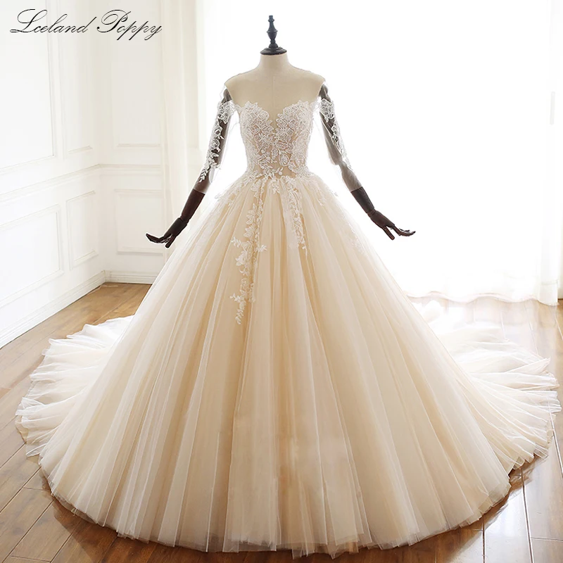Женское бальное платье из тюля, свадебные платья Vestido de Noiva, круглый вырез, 3/4 рукава, кружево с аппликацией и бисером, свадебное платье