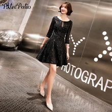Черные расшитые блестками Короткие платья для выпускного вечера с рукавами Новые Сексуальные женские полуформальные вечерние платья с глубоким вырезом