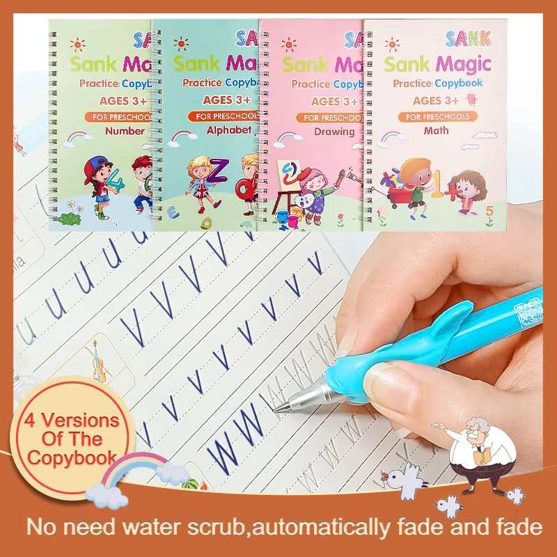 Cuaderno de escritura reutilizable para niños, 4 libros para Aprender caligrafía, pintura del alfabeto, aritmética, matemáticas, práctica de escritura a mano