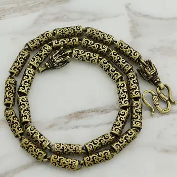 

Chinese Pure Brass Carved Flowers Retro Zodiac Animal Dragon Head Wealth Ornaments Hand String Bracelet Necklace