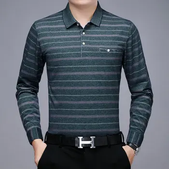 

Autumn Polo Shirt Men Blue Green Cross Striped Top Smart Casual Long Sleeve Turn Down Collar Polos With Breast Pocket Clothings