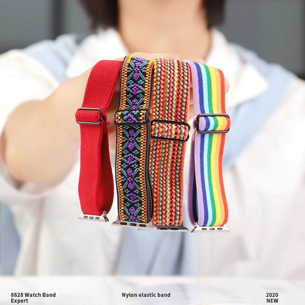 Soft and comfortable nylon Loop elastic buckle Apple watch band 38mm 42mm Series 7 SE654321 For iWatch Strap Bohemia braid  44mm