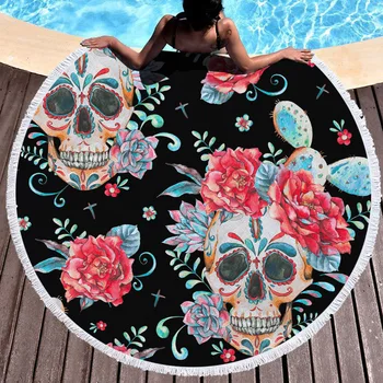 

Hippie Floral and Skull Print Beach Towel Fashion Design Fast Drying Spa Bathrobes Microfiber Round Bath Towel 10 Style