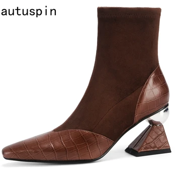 

Autuspin Strange Style Women Ankle Boots Winter Fashion Cow Leather Pointed Toe Party Wedding High Heels Patchwork Shoes Woman