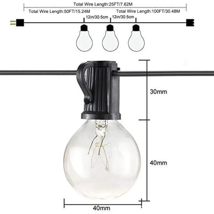 25ft 30ft 50ft g40 luzes da corda