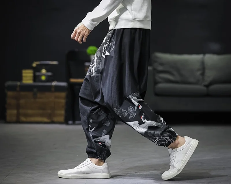 Китайский стиль, мужские брюки с принтом Журавля, Японская уличная одежда, льняные брюки, мужские брюки в стиле хип-хоп, Мужские штаны для бега, весна, KK3268
