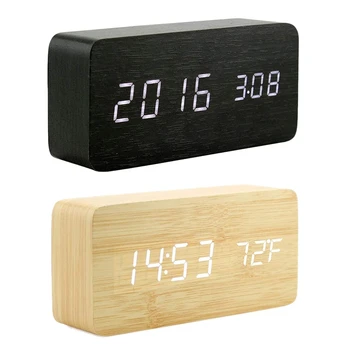 

Wooden Digital Alarm Clock, Wood Fashion Multi-Function LED Alarm Clock with USB Power Supply, Voice Control