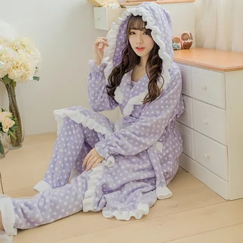 

Lace Hooded Robe Flannel Pajamas Thickened Trousers Bathrobe Long-Sleeved Pajamas Lounge Lingerie Casual Sleep Set 3PCS Халат